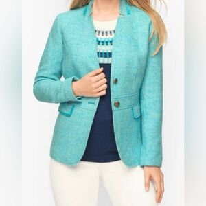 Talbots Classic Shetland Herringbone Wool Blend Blazer Size 4 Turquoise White